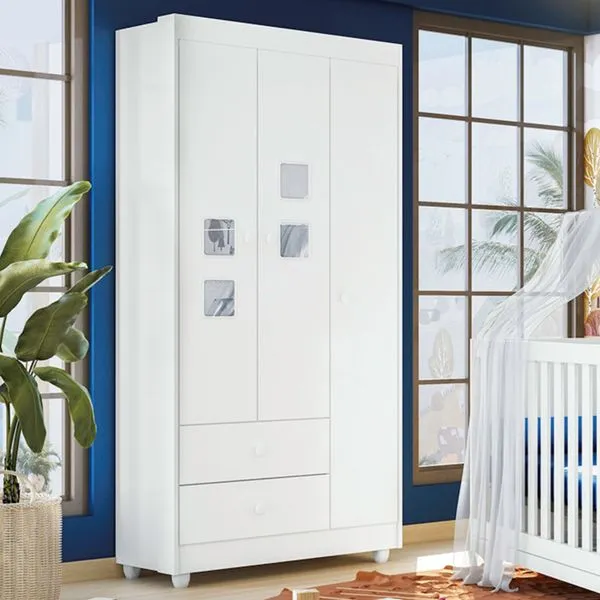 Guarda Roupa de Bebê 100% MDF 3 Portas 2 Gavetas Life Branco