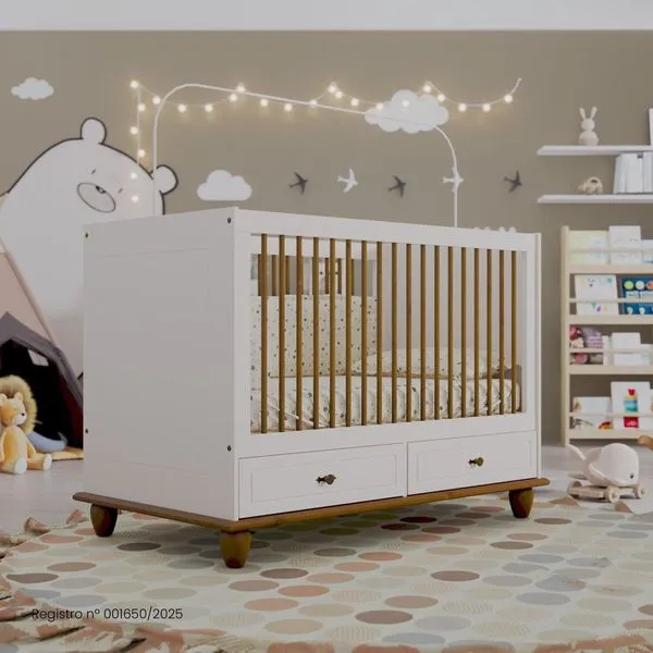 Berço Vira Cama em Mdf 96cm X 79,5cm Joy Off White/Nogueira