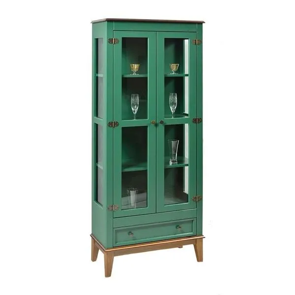 Cristaleira com 2 Portas de Vidro e 1 Gaveta Casatema Amêndoa/Verde