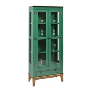 Cristaleira com 2 Portas de Vidro e 1 Gaveta Casatema Amêndoa/Verde
