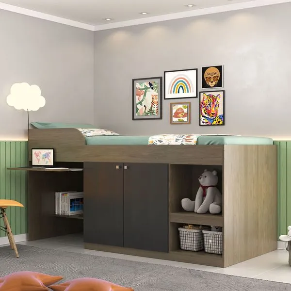 Cama Multifuncional com Escrivaninha e 2 Portas - Castanho/Preto