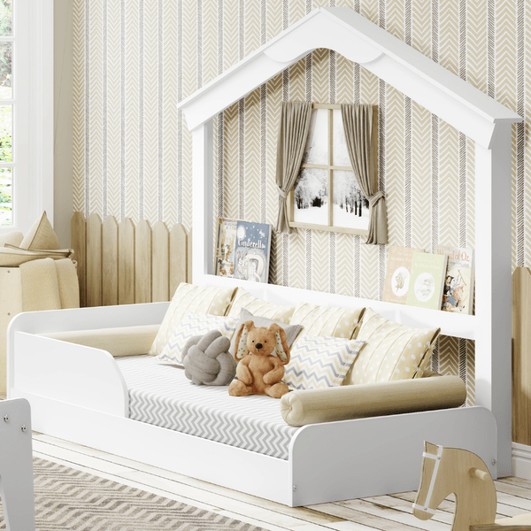 Cama Mini Montessori Com Casinha Porta-Livros Branco