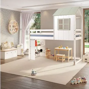 Cama Alta Infantil Cabana Family com Estante Casatema Branco/Verde
