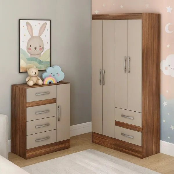 Quarto Infantil com Cômoda 4 Gavetas e 1 Porta Guarda-Roupa 4 Portas e 2 Gavetas Ninho Castanho/Off White