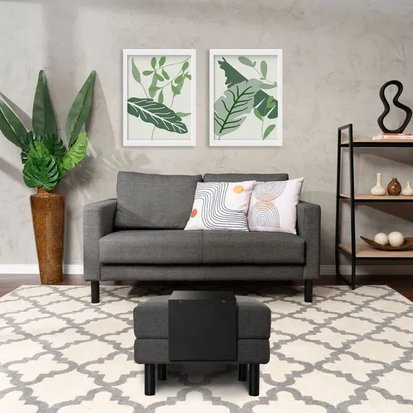 Conjunto Sofá 2 Lugares com Puff Baú 60cm e Bandeja Antúrio CabeCasa MadeiraOriginals Cinza Grafite Grafite