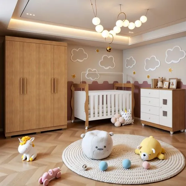 Quarto de Bebê Completo com Guarda-roupa, Berço e Cômoda Lipe Amadeirado/Branco