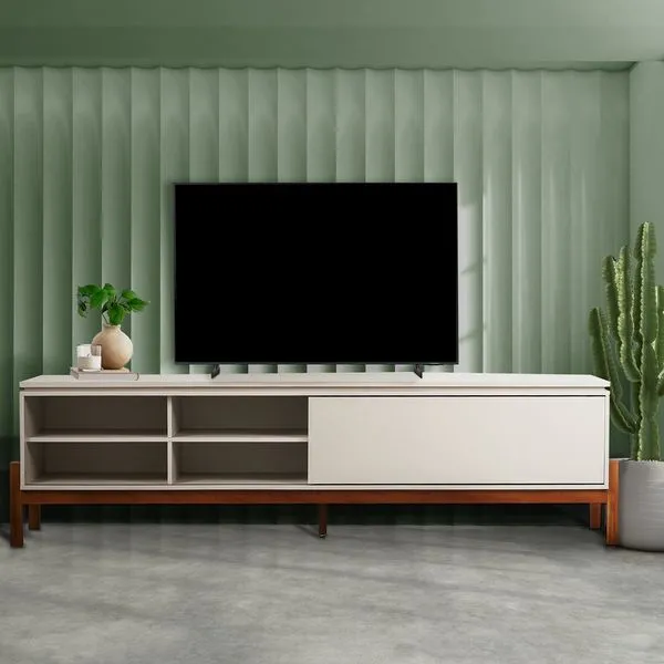 Rack para TV até 84 Polegadas 100% MDF 218cm Pés em Madeira Maciça Tiê CabeCasa MadeiraOriginals Branco Off White Off White