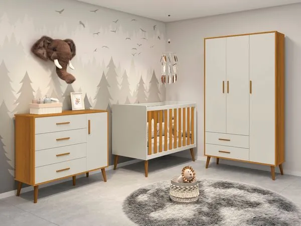 Quarto de bebê Completo com Guarda Roupa 3 portas 2 gavetas, Cômoda 4 gavetas e Berço Isis Areia/Savana