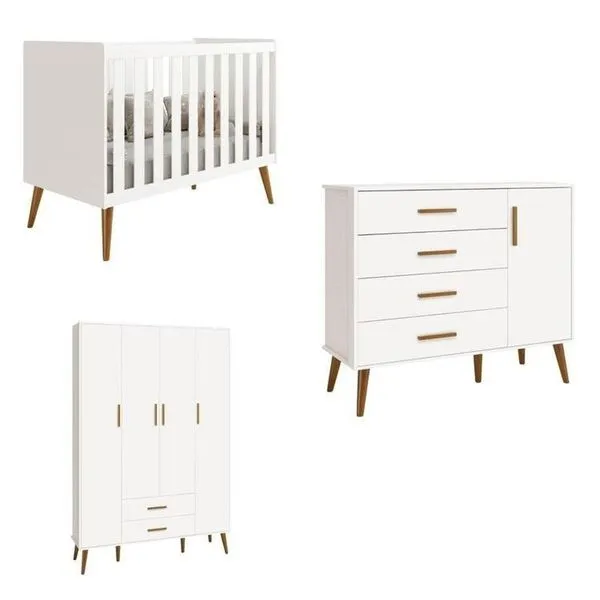Quarto de bebê Completo com Guarda Roupa 4 portas 2 gavetas, Cômoda Sapateira 4 gavetas e 1 Porta e Berço Isis Branco