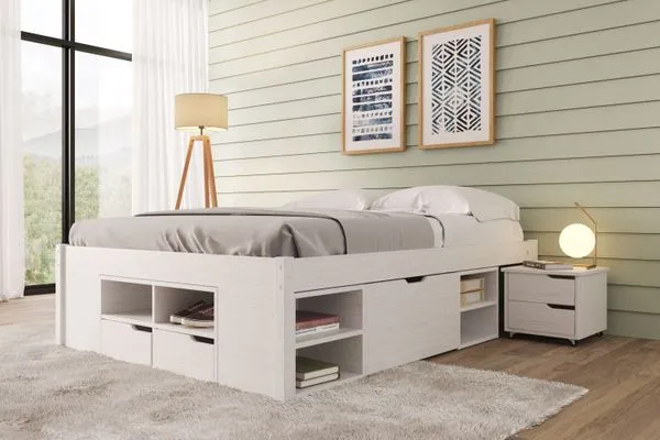 Cama Casal Multifuncional Madeira Maciça 6 Gavetas Charme Branco Lavado