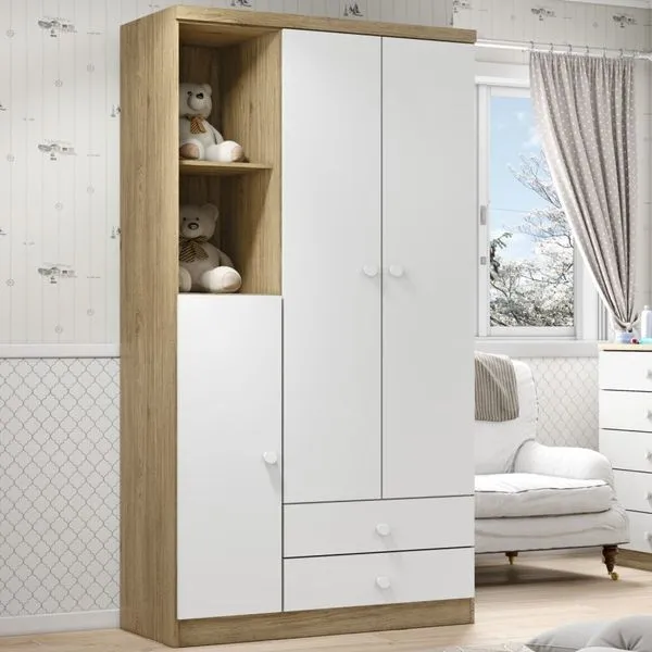 Guarda Roupa de Bebe 3 Portas 2 Gavetas 2 Nichos Pique-Esconde Rústico/Branco