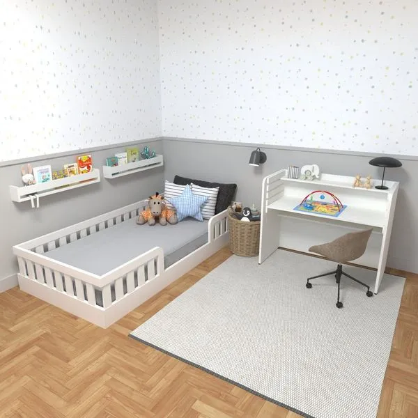 Conjunto Infantil de Cama Montessoriana e Escrivaninha com Regulagem de Altura Branco