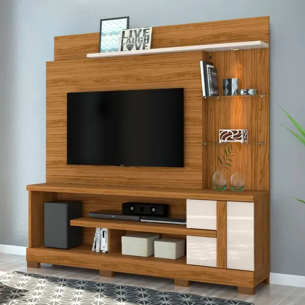 Rack com Painel Alan p/TV de até 55"e Pés - Off White/Natural