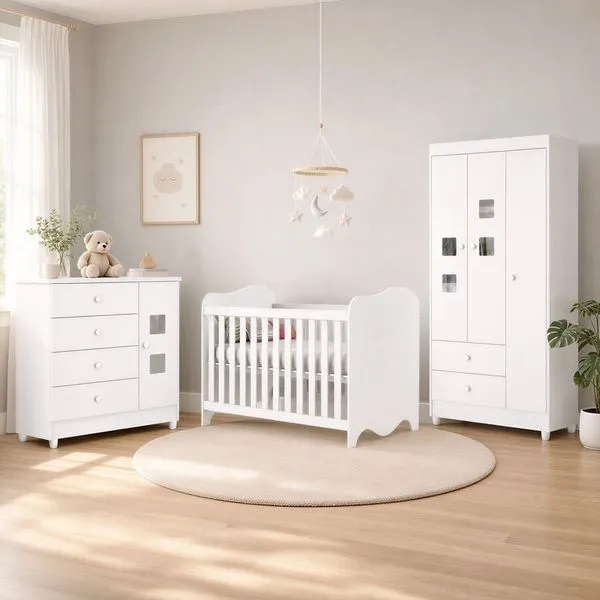 Quarto de Bebê Completo Berço 100% MDF com Guarda-Roupa 3 Portas Nuvem Branco