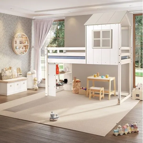 Cama Alta Infantil Cabana Family com Estante Casatema Branco/Offwhite