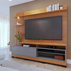 Estante para TV e Home Theater Ripado para TV até 65 Polegadas com LED 200cmx185,3cm Tvs com Led 1 Porta 4 Nichos Maceió Freijó/Cinza Fosco