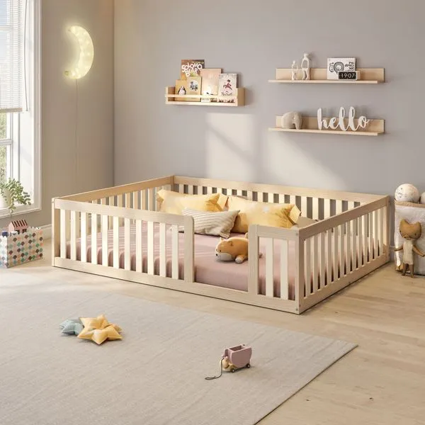 Cama Montessoriana Casal com Grade Giulia Casatema Natural/Bege