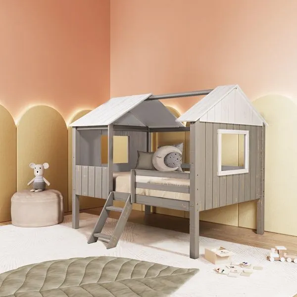Cama Casal Cabana em Madeira Maciça Teddi Cinza Rústico/Branco Rústico Cama Cabana Teddi Casal Cinza Madeira Maciça Cinza Rústico/Branco Rústico