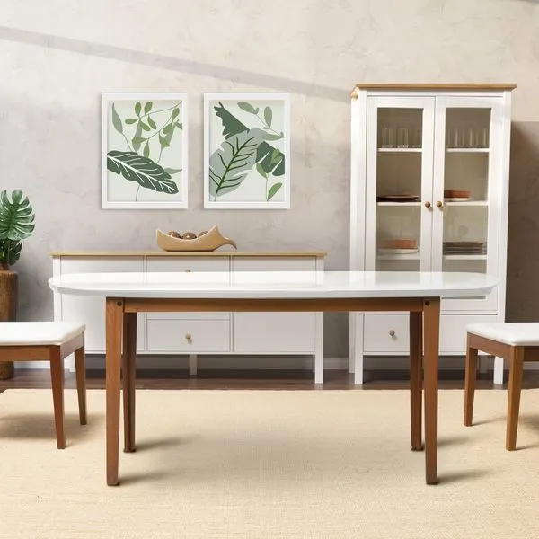 Mesa Oval 4 Lugares 1,4m Tampo Vidro e MDF Tiê CabeCasa MadeiraOriginals Amêndoa/Off White