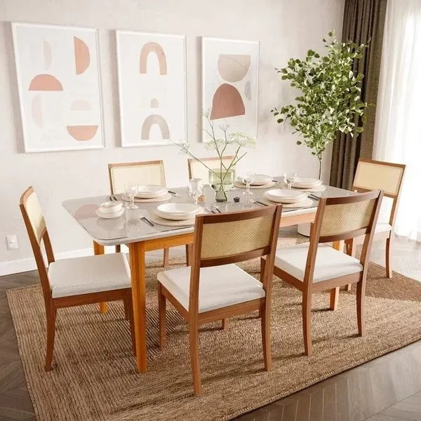 Mesa com 6 Cadeiras Madeira Maciça Tampo Mdf e Vidro 180cm Tangará Tiê Cabecasa Madeiraoriginals Caramelo/Off White e Amêndoa/Bege claro