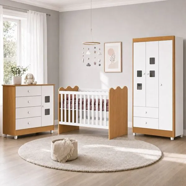 Quarto de Bebê Completo 100% MDF Berço Guarda-Roupa 3 Portas Ternura Branco Amadeirado