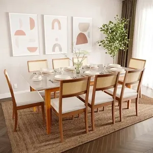 Mesa com 8 Cadeiras Madeira Maciça Tampo Mdf e Vidro Tangará Tiê Cabecasa Madeiraoriginals Caramelo/Off White e Amêndoa/Bege claro