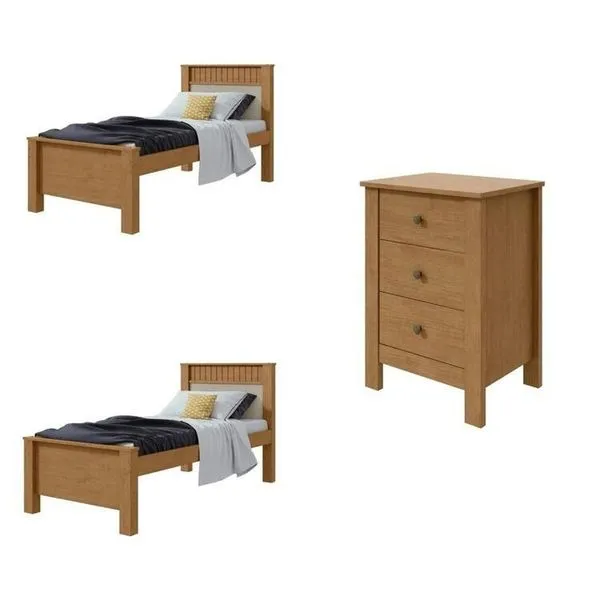 Quarto Infantil com 2 Camas Solteiro Athenas Plus e Mesa de Cabeceira 3 Gavetas Maggiore New Amêndoa Clean