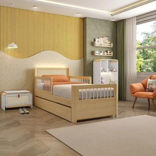 Bicama Solteiro Reversível com Estante em LED e Sapateira Infantil Wave Casatema Branco/Natural