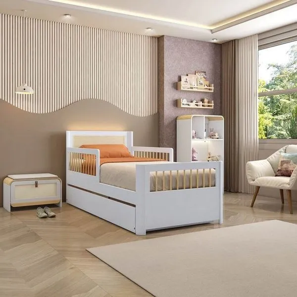 Bicama Solteiro Infantil Reversível Led com Rattan Grade em Palito Wave Casatema Branco