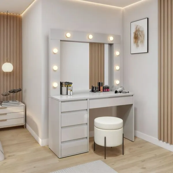 Penteadeira Camarim com Espelho e Lampada 5 Gavetas 100% MDF Anne Off White