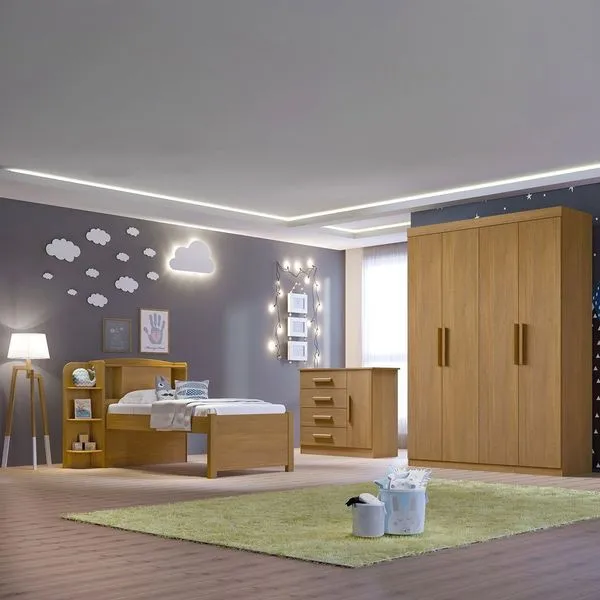 Quarto Infantil Completo com Guarda-roupa Cama 100% Mdf e Cômoda Angel Cinamomo