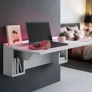 Escrivaninha Mesa Dobrável com Nichos e Led Rosa Neon 78,5cm Branco Branco
