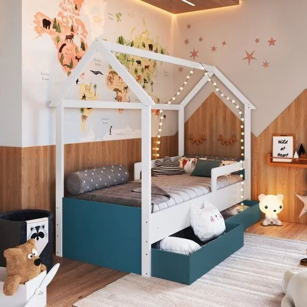 Cama Infantil Montessoriana 2 Gavetões Inferiores 1 Colchão Branco/Azul Secreto
