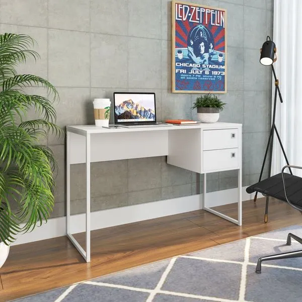 Escrivaninha Mesa Escritório P1012 Retrô 2 Gavetas 120cm Industrial Branco Branco