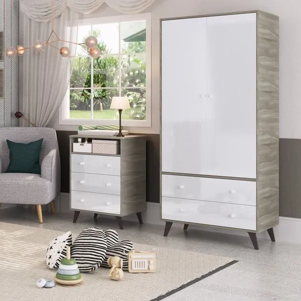 Quarto De Bebê Completo Roupeiro 2 Portas 2 Gavetas Com Cômoda 3 Gavetas 1 Nicho Nuvem Fresno/Branco