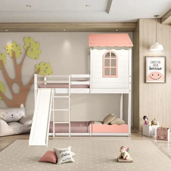 Beliche Montessoriano Club House Sweet com Escorregador Casatema Rosa/Branco