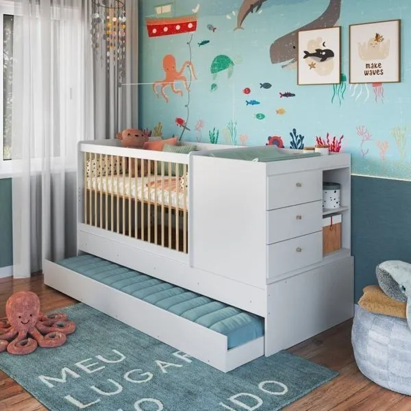 Berço Cama Multifuncional com Auxiliar MDP 2 Colchões Branco