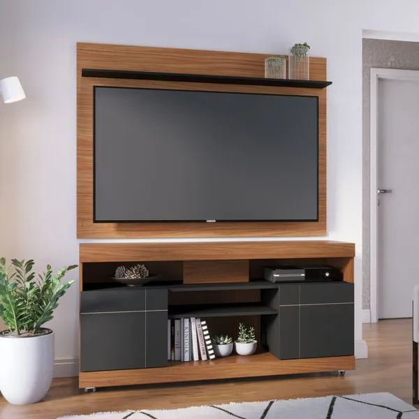 Rack com Painel para TV até 55 Polegadas 136cmx169cm 2 Portas Yara Maia Marrom Noce Milano/Preto Noce Milano/Preto