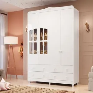 Guarda Roupa de Bebê 4 Portas com Janela 4 Gavetas Maya Clássico Espresso Móveis Branco Brilho