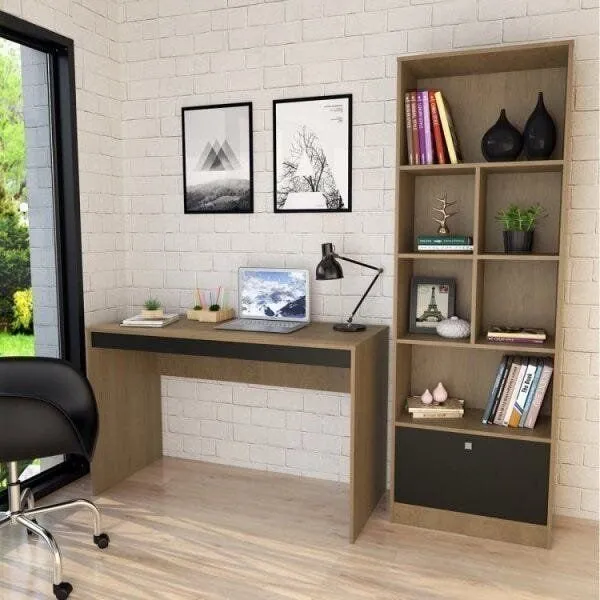 Conjunto 2 Peças com Escrivaninha e Estante Livreiro 6 Nichos 1 Porta B30 Mel/Preto