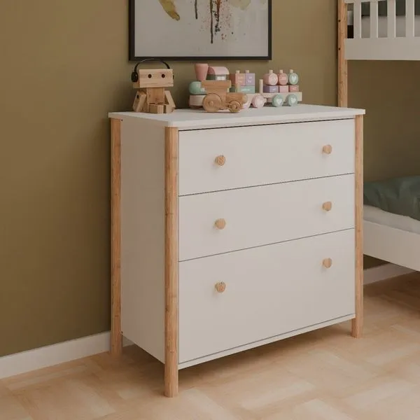 Cômoda Infantil 3 Gavetas Arredus em Madeira Maciça / Mdf Branco/Natural