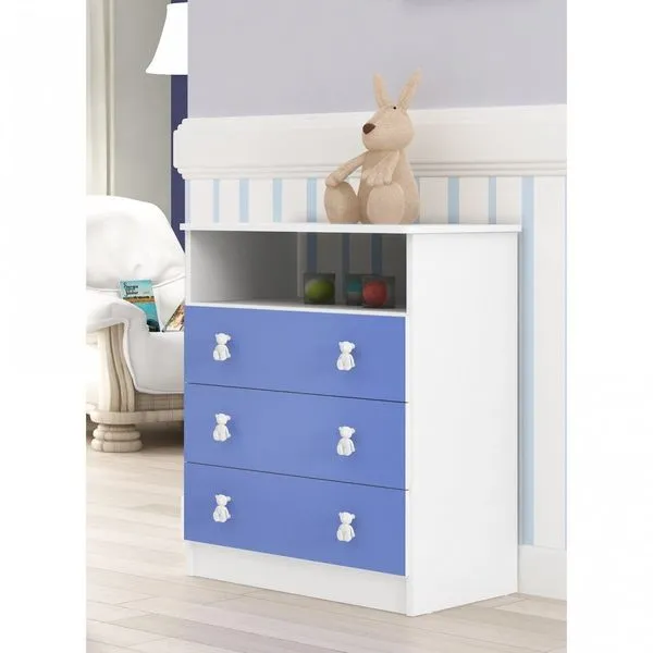 Cômoda de Bebê 3 Gavetas 1 Nicho Arco-íris Branco/Azul