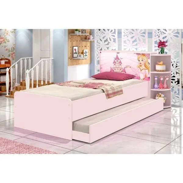 Cama Baú Solteiro com Cama Auxiliar Liz Rosa