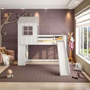 Cama Alta Infantil Cabana Family com Escorregador e Estante Casatema Branco/Offwhite