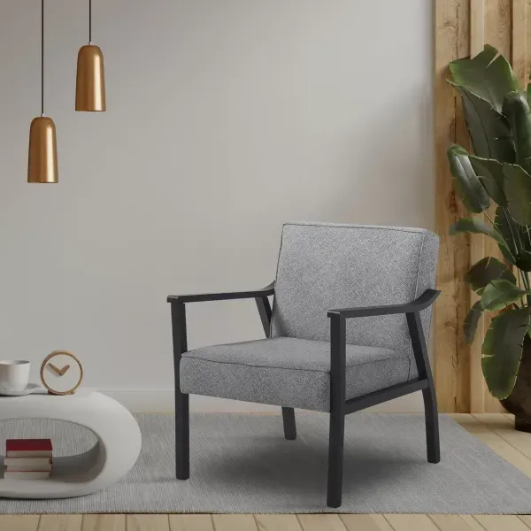 Poltrona Decorativa Madeira Maciça Jequitibá Assento com Persintas Elásticas Antônia Cinza Preto Preto