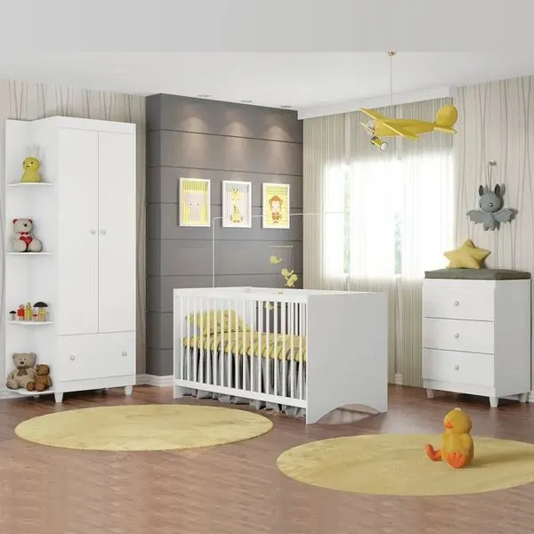 Conjunto para Quarto Infantil Berço, Cômoda 3 Gavetas e Guarda Roupa Mia Branco