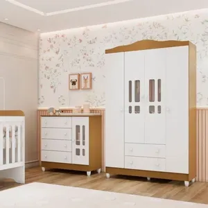 Conjunto Quarto Bebê Guarda Roupa Ariel 4 Portas Cômoda 4 Gavetas 1 Porta 100% MDF Branco com Bétula