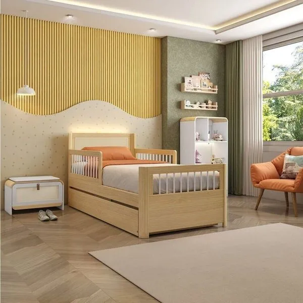 Bicama Solteiro Wave Infantil Reversível LED com Rattan Grade em Palito Casatema Natural/Branco