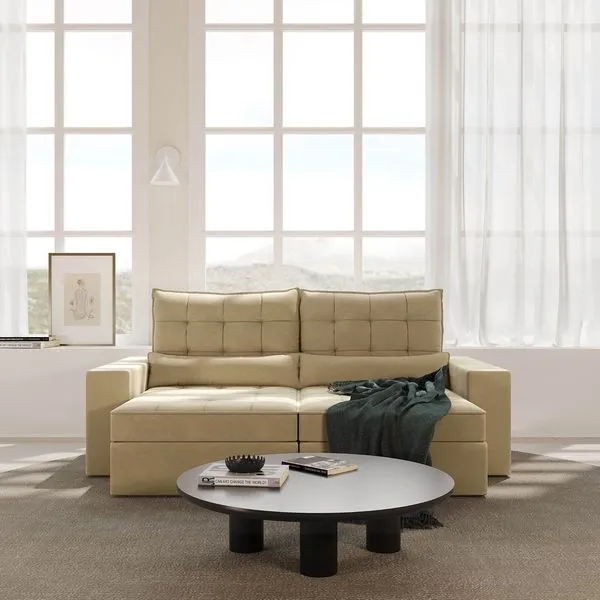 Sofá Retrátil e Reclinável 4 Lugares 240cm Embaúba Extra CabeCasa MadeiraOriginals Bege Palha Diamante Palha Diamante