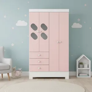 Guarda Roupa Infantil 4 Portas e 3 Gavetas Luiza Branco/Rosa